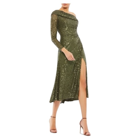 NWT MAC DUGGAL One Shoulder Sequin Midi Dress - Picture 1 of 9